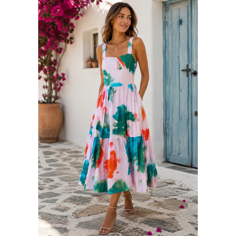 Tanya Taylor Pink Abstract Tie Dye Smocked Tiered Midi Dress Womens 2